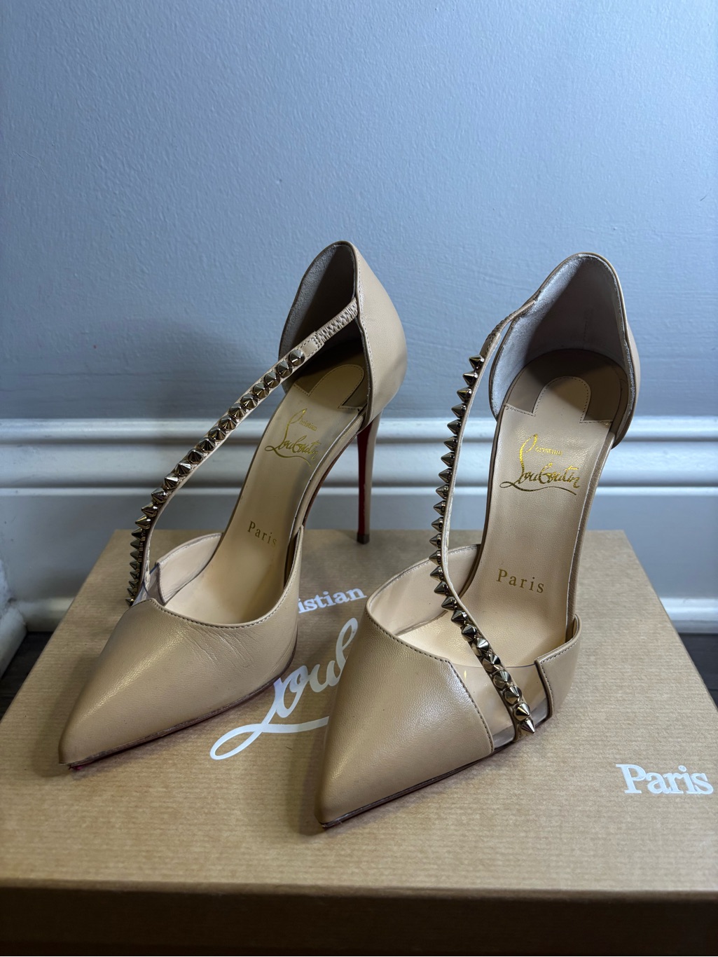 Christian Louboutin Beige Pointed Leather Pumps With Studded Sling